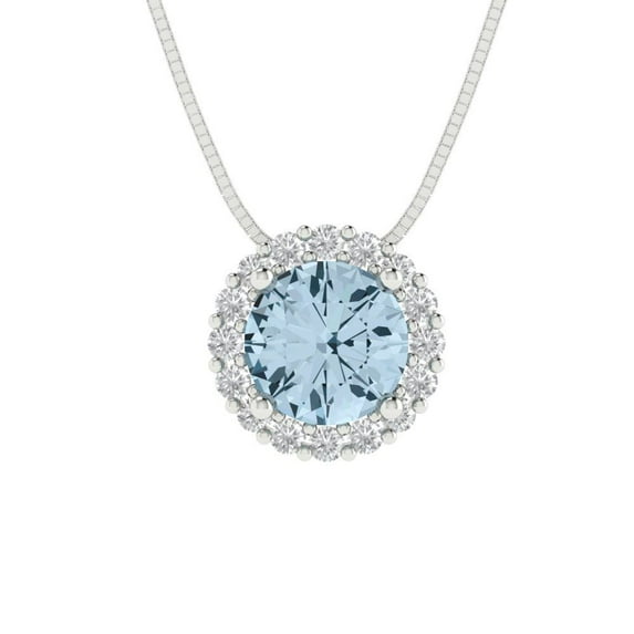 1.24 ct round cut halo blue Crystal 18k white hypoallergenic Solid gold Designer Everyday Affordable Dainty Necklace Pendant + 18" hypoallergenic Solid gold chain