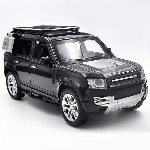 1:24 scale Land Rover Defender die-cast car model with opening doors, lights, sound and spring-back function. Boys' toy car, children's birthday gift.