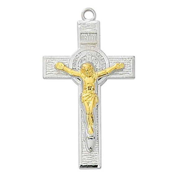 1.24 x 0.7 x 0.13 in. Two-Tone Sterling Silver Benedict Cross with Chain