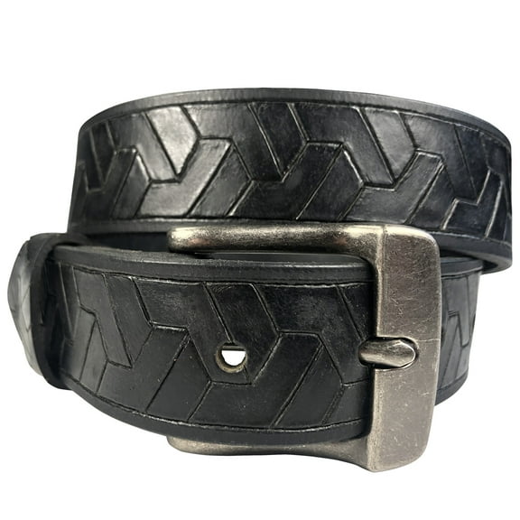 1.25"(32mm) Embossed Geometric Weave Black Buffalo Leather Belt Handmade in Canada by Zelikovitz Size 26-46 Size: 26 for 24" Waist