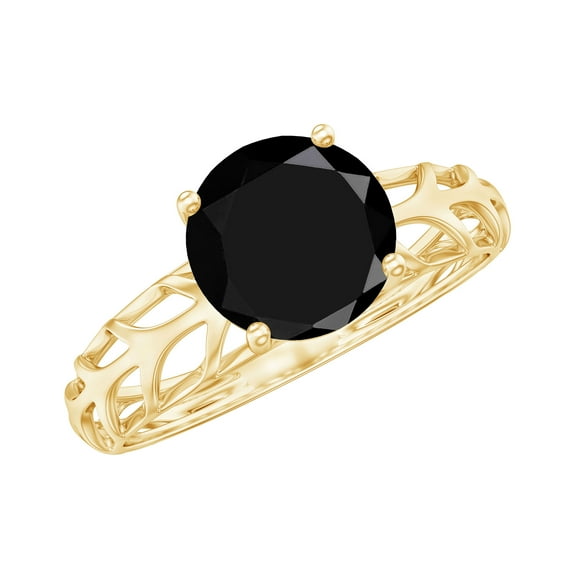 Rosec Jewels Natural Black Onyx Solitaire Ring for Women - 8 mm - December Birthstone Ring - AAA Quality - with Jewelry Box, 14K Yellow Gold, US 4.00