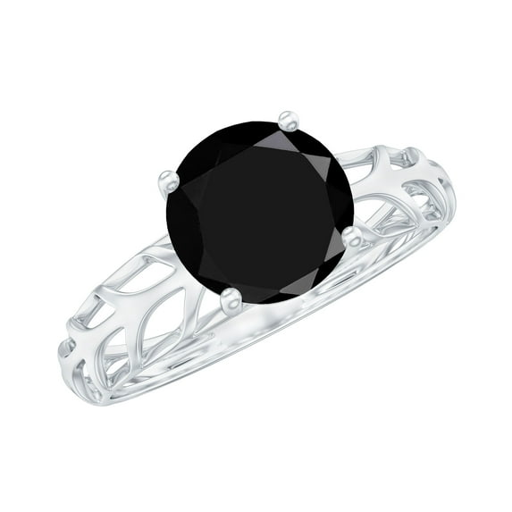 Rosec Jewels Natural Black Onyx Solitaire Ring for Women - 8 mm - December Birthstone Ring - AAA Quality - with Jewelry Box, 18K White Gold, US 9.00