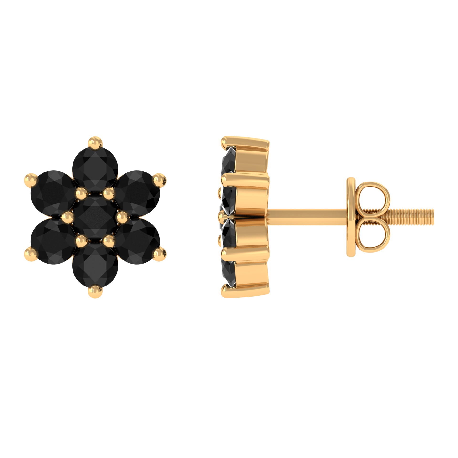 1.25 CT Black Spinel Floral Cluster Stud Earrings, 14K Yellow Gold