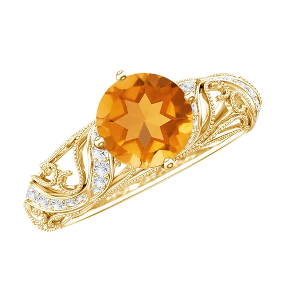 1.2 CT Citrine and Diamond Milgrain Engagement Ring- AAA Grade, 14K Yellow Gold, US 5.00
