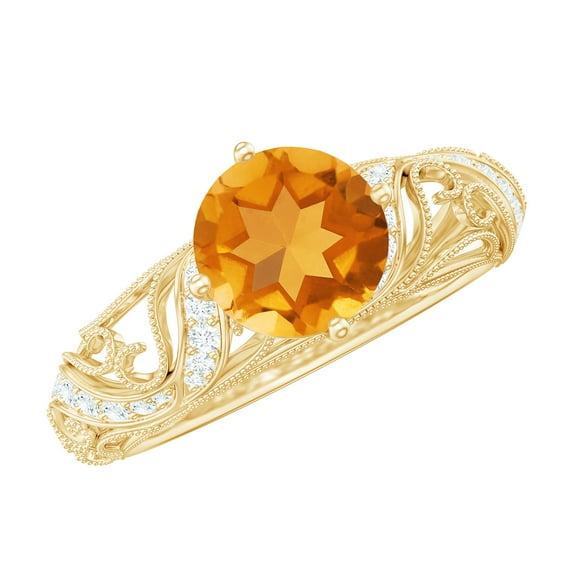 Rosec Jewels 1.2 CT Citrine and Diamond Milgrain Engagement Ring- AAA Grade, 14K Yellow Gold, US 6.00