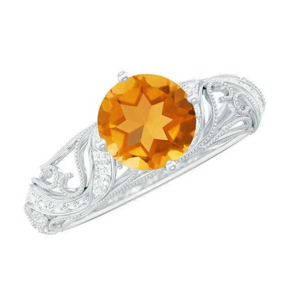Rosec Jewels 1.25 CT Citrine and Diamond Milgrain Engagement Ring- AAA Grade, 18K White Gold, US 5.00