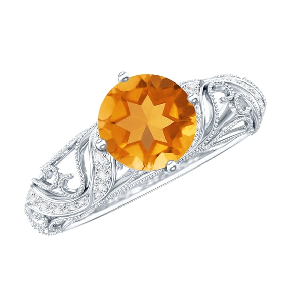 1.2 CT Citrine and Diamond Milgrain Engagement Ring- AAA Grade, 925 Sterling Silver, US 4.00