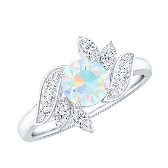 Rosec Jewels Natural Ethiopian Opal Ring with Diamond for Women, Nature Inspired Ring, 10K White Gold, US 10.00
