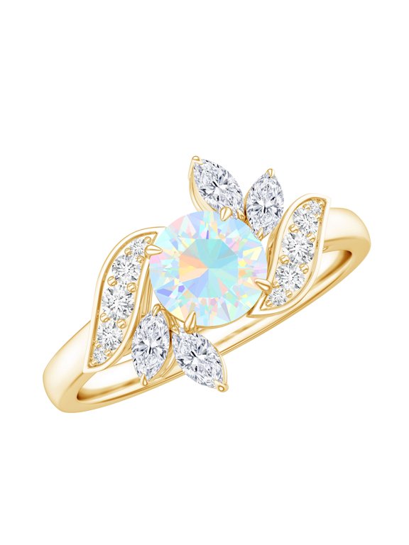 Natural Ethiopian Opal Ring with Diamond for Women, Nature Inspired Ring, 10K Yellow Gold, US 5.00