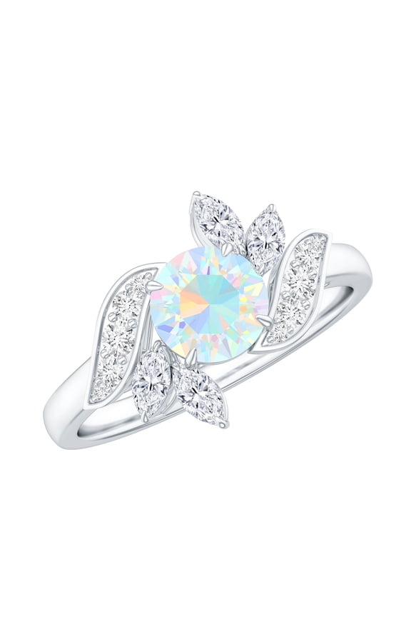 Natural Ethiopian Opal Ring with Diamond for Women, Nature Inspired Ring, 18K White Gold, US 5.00