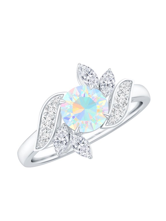 Natural Ethiopian Opal Ring with Diamond for Women, Nature Inspired Ring, 925 Sterling Silver, US 6.00