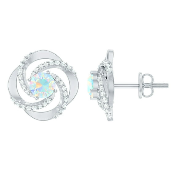 Rosec Jewels 1.25 CT Ethiopian Opal and Diamond Swirl Stud Earrings for Women, 925 Sterling Silver
