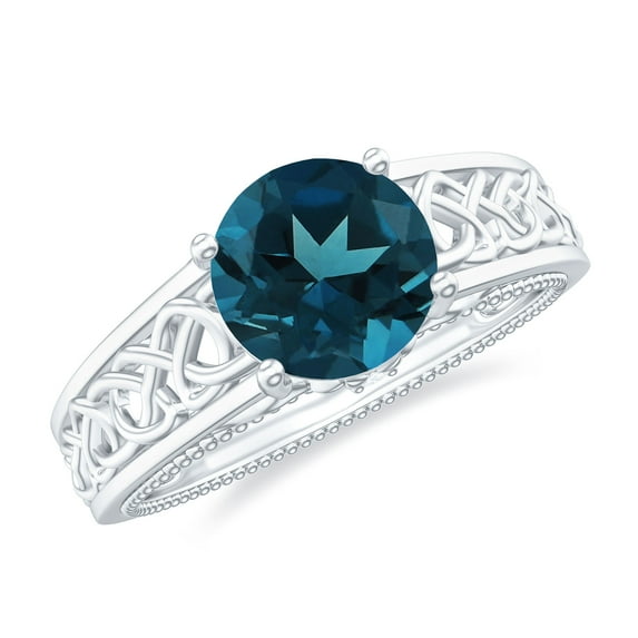 Rosec Jewels London Blue Topaz Engagement Ring with Diamond - Vintage Style Celtic Knot Ring (7 mm, AAA Grade) - with Jewelry Box, 14K White Gold, US 7.00