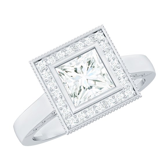 Rosec Jewels Moissanite Princess Cut Engagement Ring with Halo - Vintage Style Ring - D-VS1 Grade Certified, 10K White Gold, US 4.50