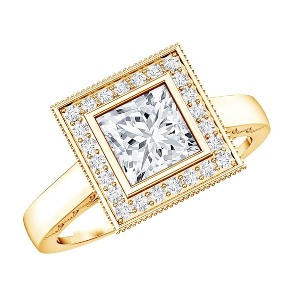 Rosec Jewels Moissanite Princess Cut Engagement Ring with Halo - Vintage Style Ring - D-VS1 Grade Certified, 10K Yellow Gold, US 8.50