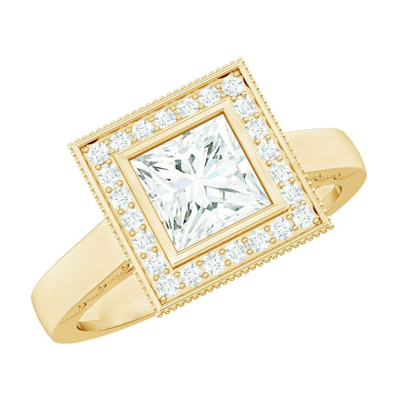 Rosec Jewels Moissanite Princess Cut Engagement Ring with Halo - Vintage Style Ring - D-VS1 Grade Certified, 18K Yellow Gold, US 3.50