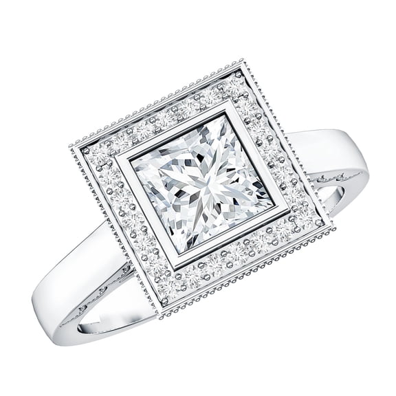 Rosec Jewels Moissanite Princess Cut Engagement Ring with Halo - Vintage Style Ring - D-VS1 Grade Certified, 925 Sterling Silver, US 4.00