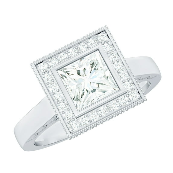 Rosec Jewels Moissanite Princess Cut Engagement Ring with Halo - Vintage Style Ring - D-VS1 Grade Certified, 925 Sterling Silver, US 6.00