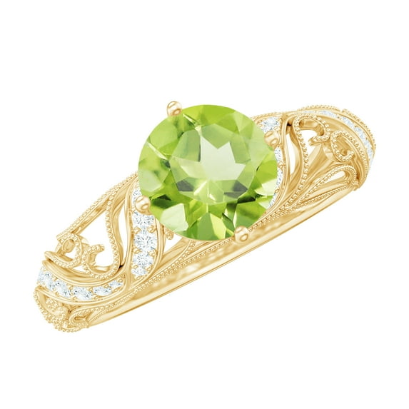 Rosec Jewels Peridot Art Deco Engagement Ring With Diamond (6 MM - AAA Quality), 10K Yellow Gold, US 6.00