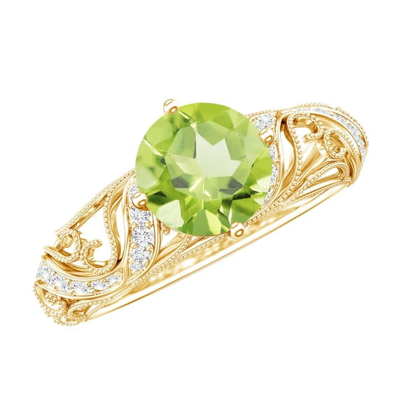 Rosec Jewels Peridot Art Deco Engagement Ring With Diamond (Half Carat- AAA Quality), 14K Yellow Gold, US 8.00