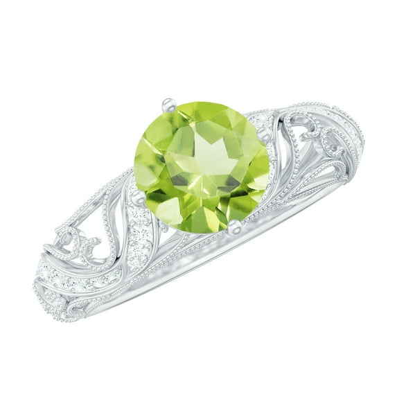 Rosec Jewels Peridot Art Deco Engagement Ring With Diamond (6 MM - AAA Quality), 18K White Gold, US 10.50
