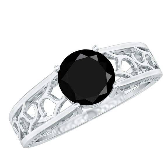 Rosec Jewels Natural Black Onyx Solitaire Engagement Ring - Filigree Ring for Women - 8 mm - AAA Quality - With Jewelry Box, 18K White Gold, US 6.50