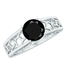 Rosec Jewels Natural Black Onyx Solitaire Engagement Ring - Filigree Ring for Women - 8 mm - AAA Quality - With Jewelry Box, 925 Sterling Silver, US 4.00