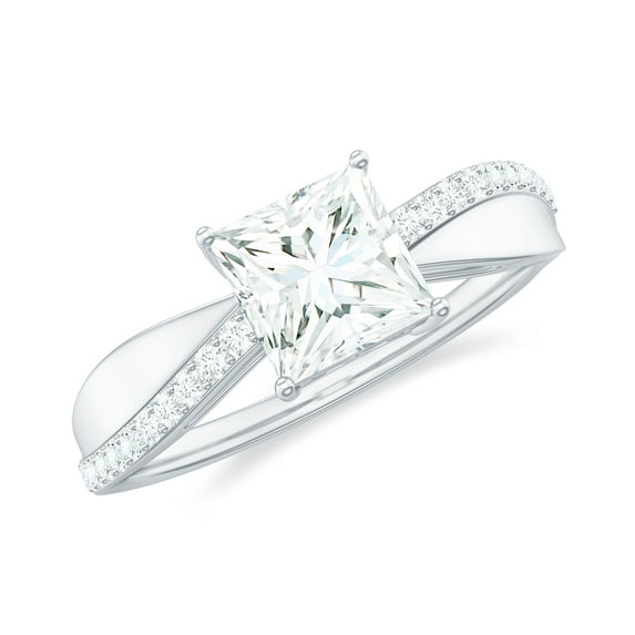 Rosec Jewels Certified Round and Princess Cut Zircon Ring for Women, Classic Cubic Zirconia Solitaire Engagement Ring, 18K White Gold, US 9.50