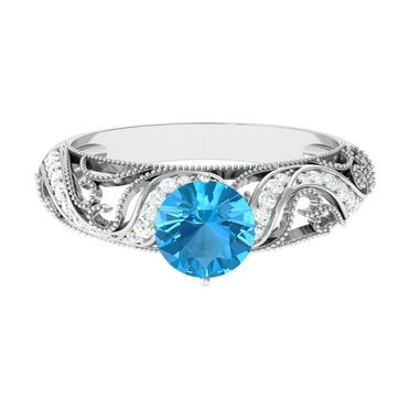 Rosec Jewels 1.25 CT Swiss Blue Topaz Solitaire and Diamond Milgrain Engagement Ring, 925 Sterling Silver, US 4.00