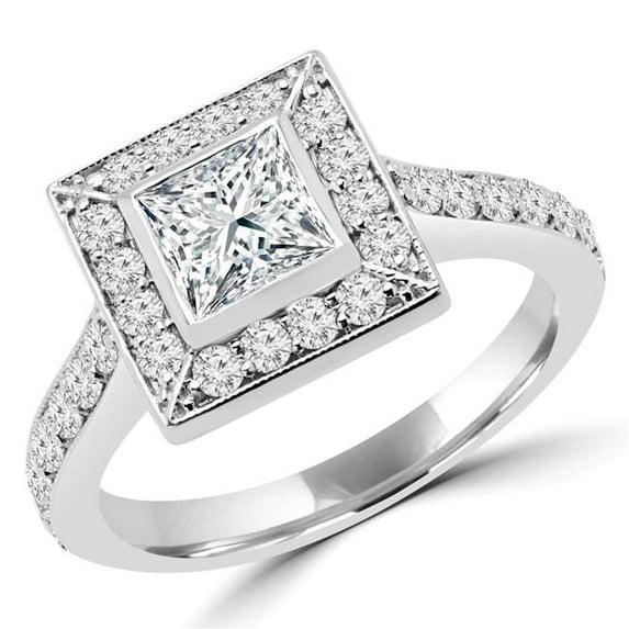 1.25 CTW Princess Diamond Vintage Bezel Set Halo Engagement Ring in 14K White Gold - Size 5.75