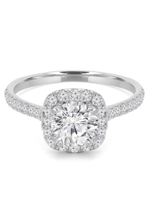 1.25 CTW Round Diamond Cathedral Cushion Halo Engagement Ring with Accents in 14K White Gold - Size 5