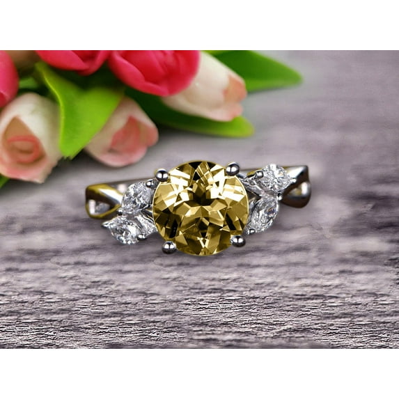 1.25 Carat 6mm Round Cut Champagne Diamond Moissanite Engagement Wedding Ring 10k White Gold Art Deco Retro Vintage