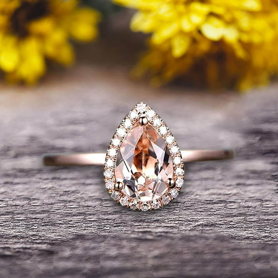 1.25 Carat 8x5mm Pear Shape Gemstone Pink Morganite Engagement Ring Handmade Solid 10k Rose Gold Promise Ring Anniversary Ring Halo Surprisingly Ring