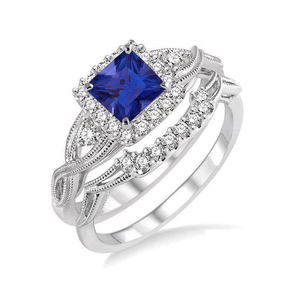 1.25 Carat Antique Design Princess Cut Blue Sapphire And Diamond Moissanite Bridal Ring Set In 14K White Gold Engagement Ring, Promise Ring, Anniversary Ring
