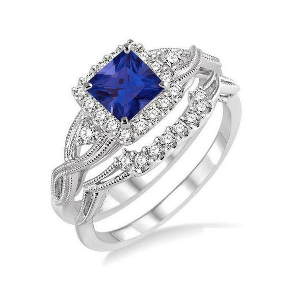 1.25 Carat Antique Design Princess Cut Blue Sapphire And Diamond Moissanite Bridal Ring Set In 14K White Gold Engagement Ring, Promise Ring, Anniversary Ring