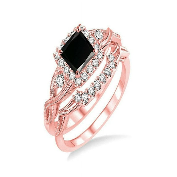 1.25 Carat Antique Design Princess cut Bridal Ring Set in 14k Rose Gold affordable sapphire and diamond engagement ring