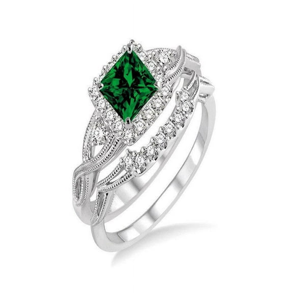 1.25 Carat Antique Design Princess cut Emerald and Diamond Bridal Ring Set in 14k White Gold emerald and diamond engagement ring
