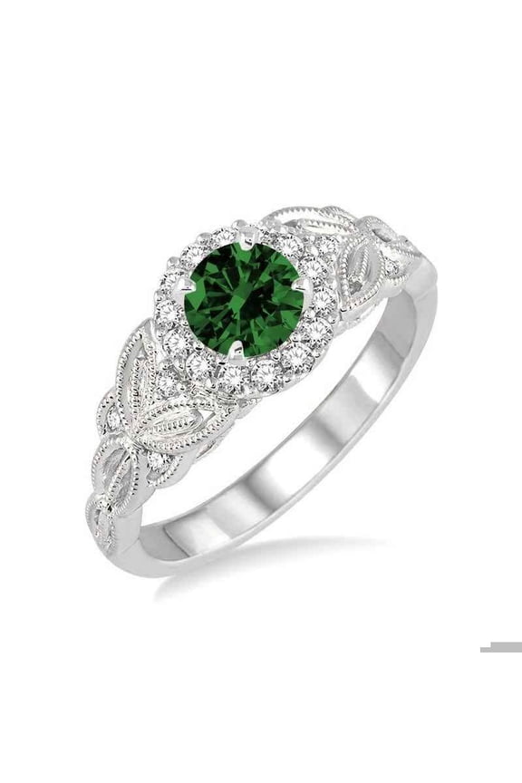 1.25 Carat Antique Round Cut Green Emerald And Diamond Moissanite Engagement Ring In 14K White Gold Affordable Ring, Promise Ring, Anniversary Gift