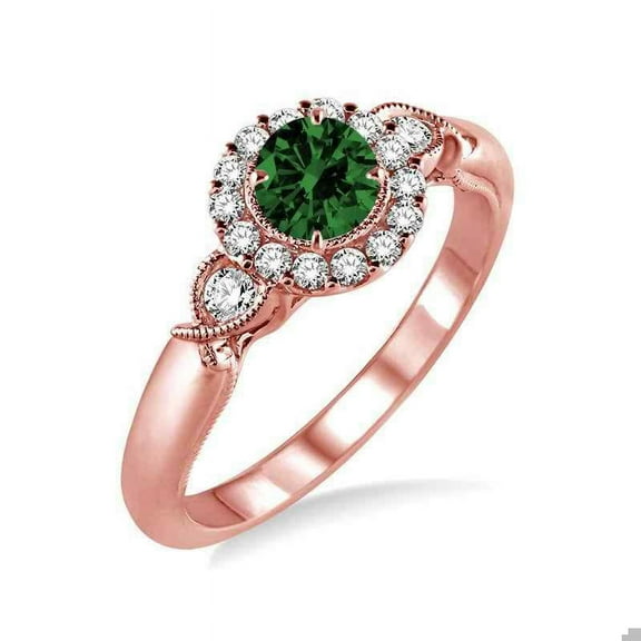1.25 Carat Antique Round cut Emerald and Diamond Engagement Ring in 14k Rose Gold affordable emerald and diamond engagement ring