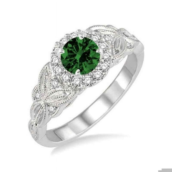 1.25 Carat Antique Round cut Emerald and Diamond Engagement Ring in 14k White Gold affordable emerald and diamond ring