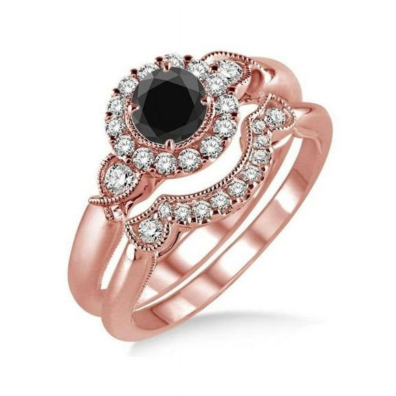 1.25 Carat Black Diamond Antique Three Stone Flower Halo Bridal Set in 14k Rose Gold