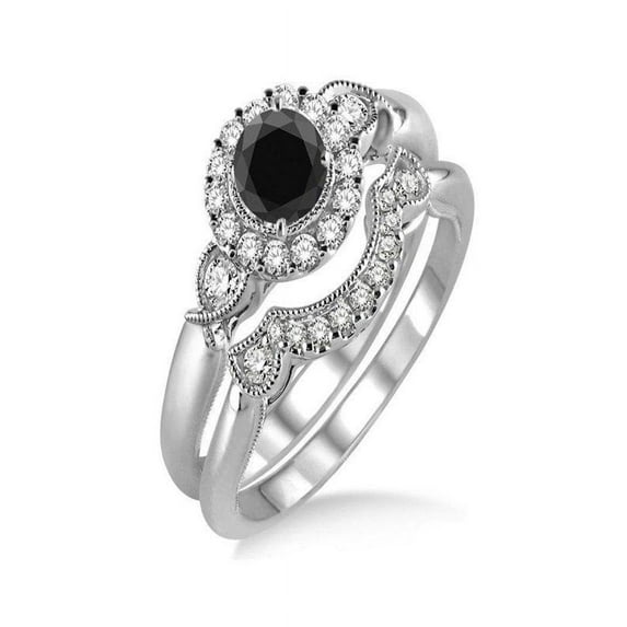 1.25 Carat Black Diamond Antique Three Stone Flower Halo Bridal Set in 14k White Gold