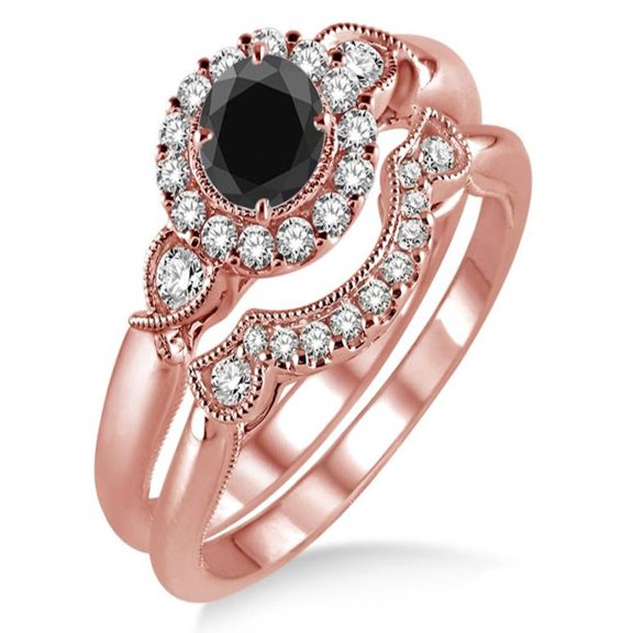 1.25 Carat Black Diamond Antique Three Stone Flower Halo Bridal Set on 10k Rose Gold