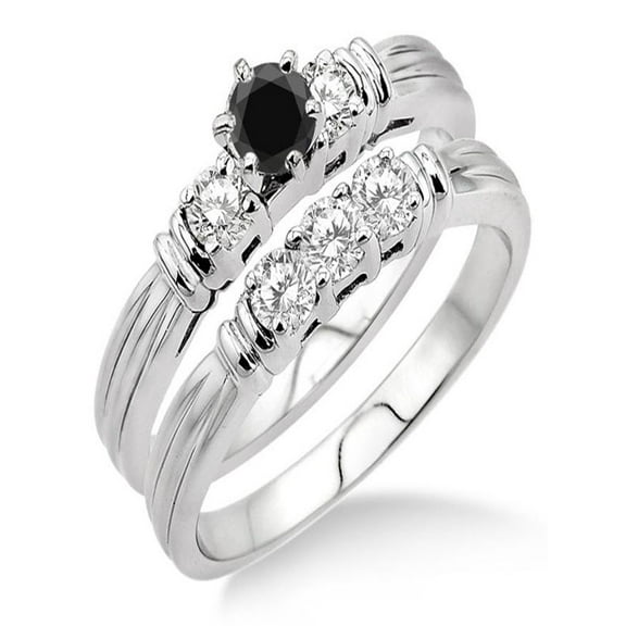 1.25 Carat Black Diamond Three Stone Bridal Set on 10k White Gold
