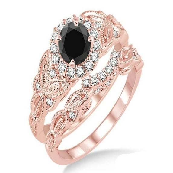 1.25 Carat Black Diamond Vintage floral Bridal Set Engagement Ring on 10k Rose Gold