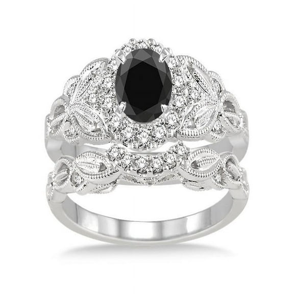 1.25 Carat Black Diamond Vintage floral Bridal Set Engagement Ring on 10k White Gold