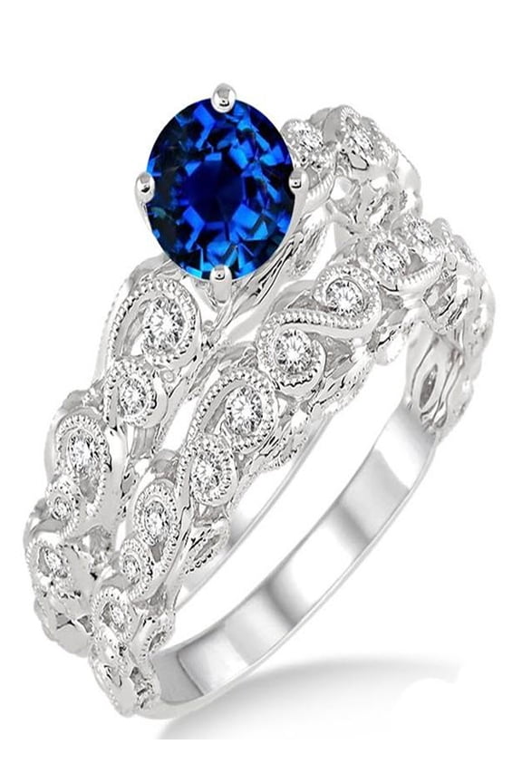 1.25 Carat Bue Sapphire And Diamond Moissanite Infinity Antique Bridal Set Round Cut On 10K White Gold, Promise Ring, Anniversary Gift