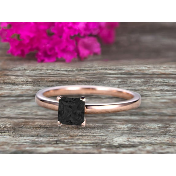 1.25 Carat Classic Princess Cut Black Diamond Moissanite Solitaire Engagement Ring On 10K Rose Gold
