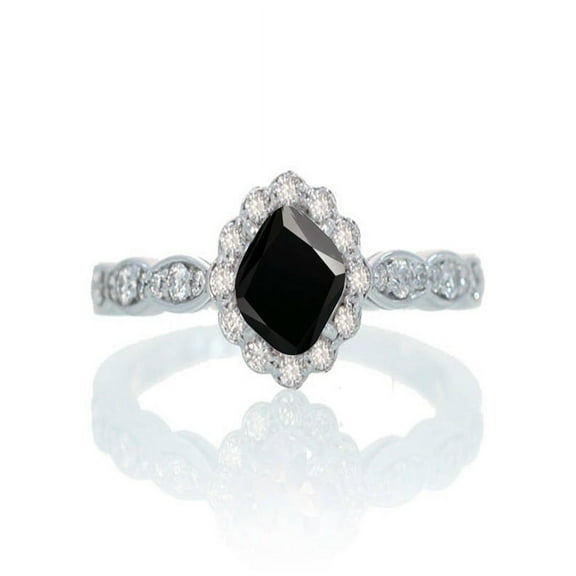 1.25 Carat Cushion Cut Classic Flower Design Antique Black Diamond and Diamond Engagement Ring on 10k White Gold