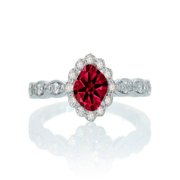 1.25 Carat Cushion Cut Classic Flower Design Antique Ruby and Diamond Engagement Ring on 10k White Gold